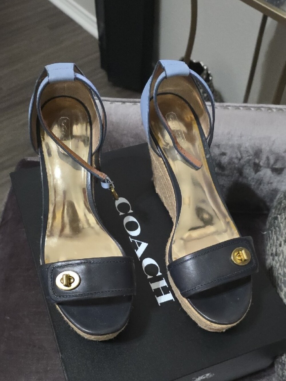 Coach Sky Blue and Navy Espadrille Wedge Sandals with Ankle Strap - Picture 2 of 5